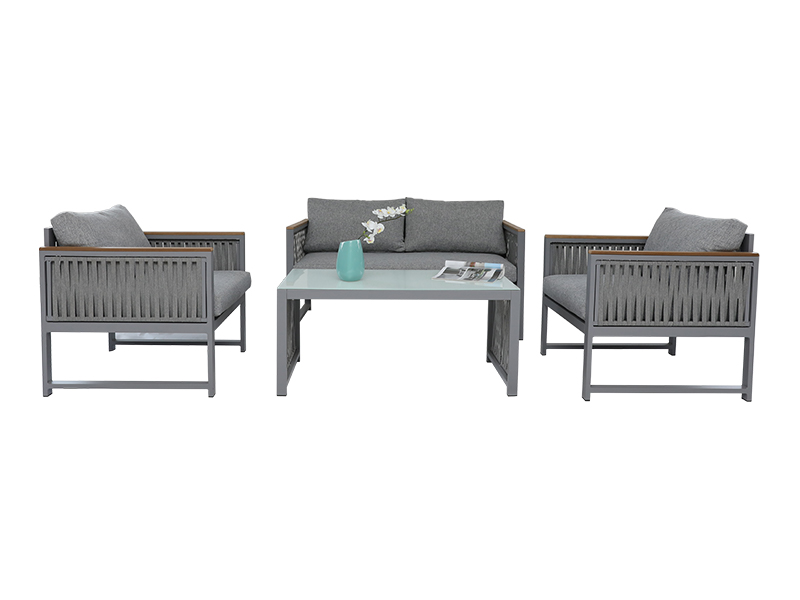 KD thiết kế sân vườn bàn ghế ngoài trời dệt dây thừng Bộ ghế sofa có đệm ngồi, gỗ tổng hợp trên tay vịn YQC-2786